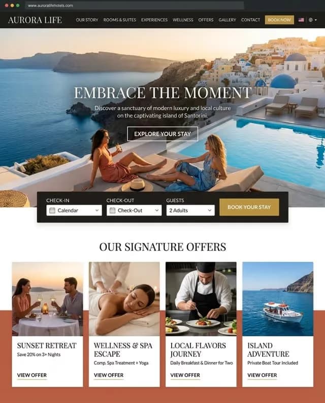 Hotel website mockup with commercial integrity issues flagged