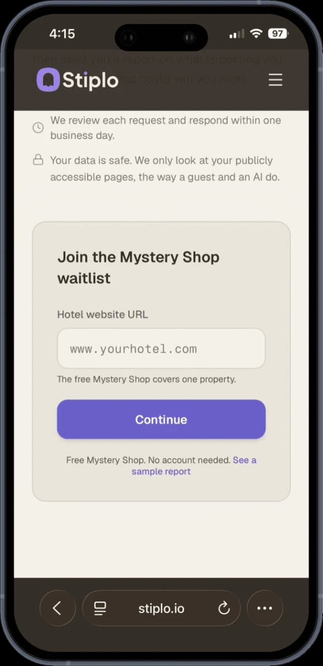 Stiplo Mystery Shop request form on a phone