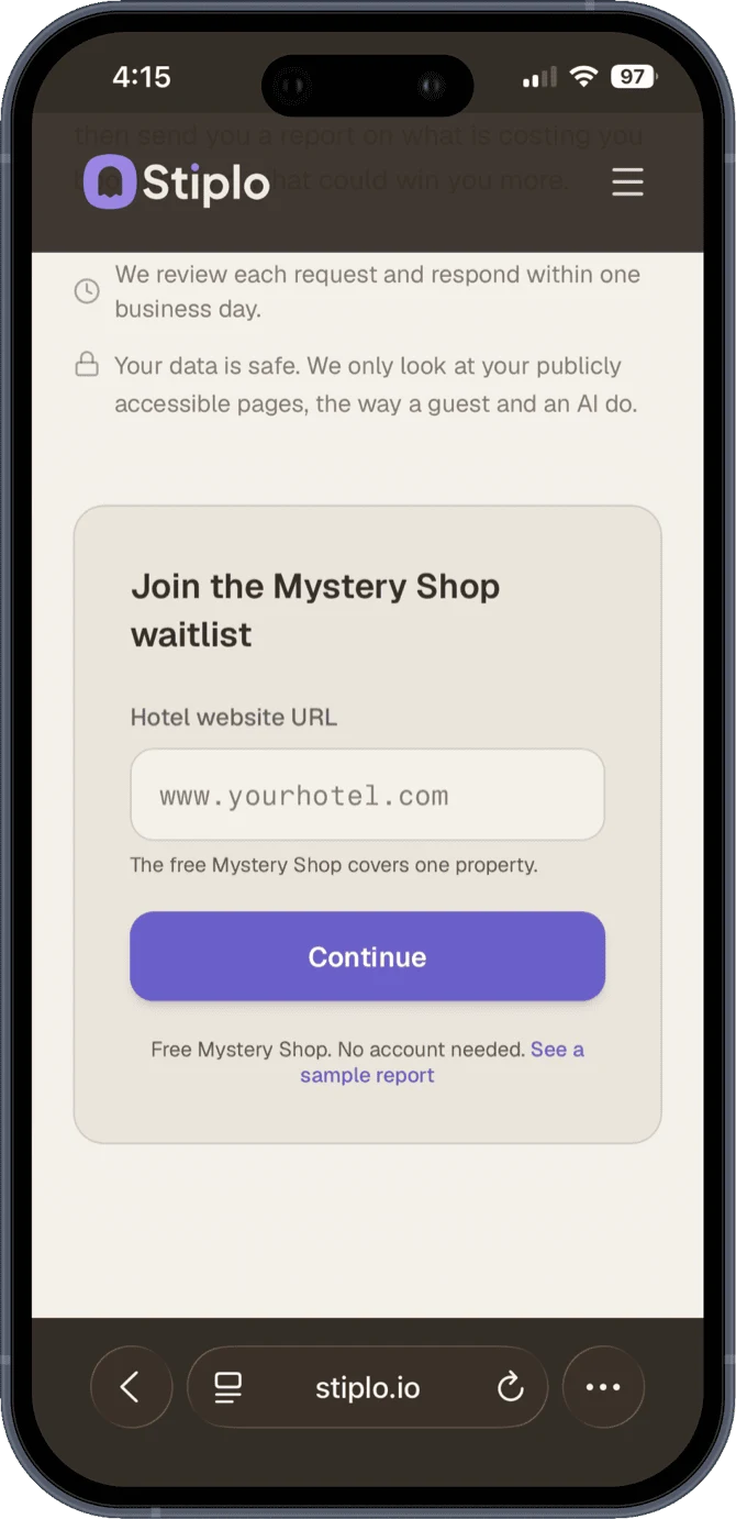 Stiplo Mystery Shop request form on a phone