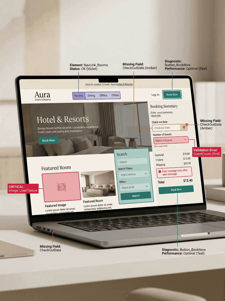 AI scanning a hotel website with diagnostic overlays