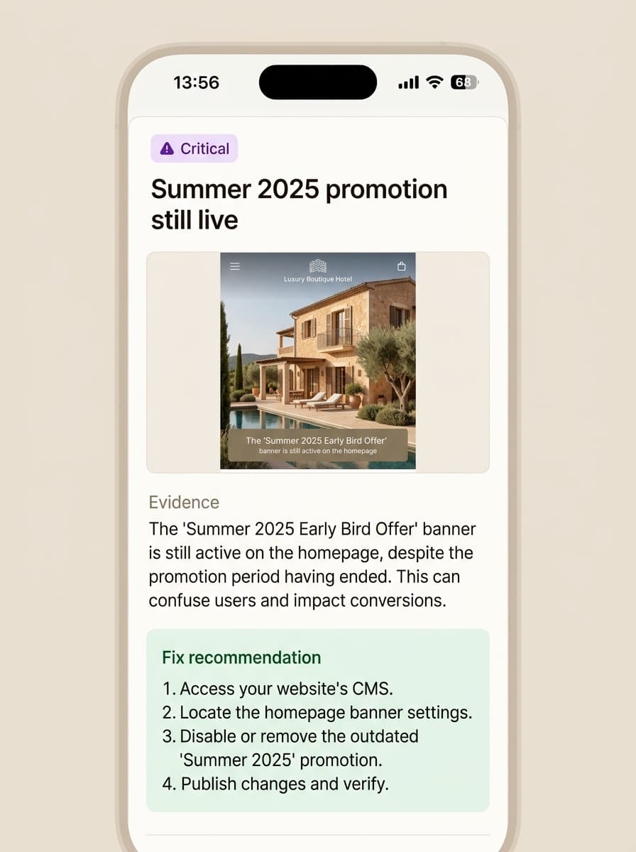 Mystery Shop finding: Summer 2025 promotion still live on hotel homepage with fix recommendation