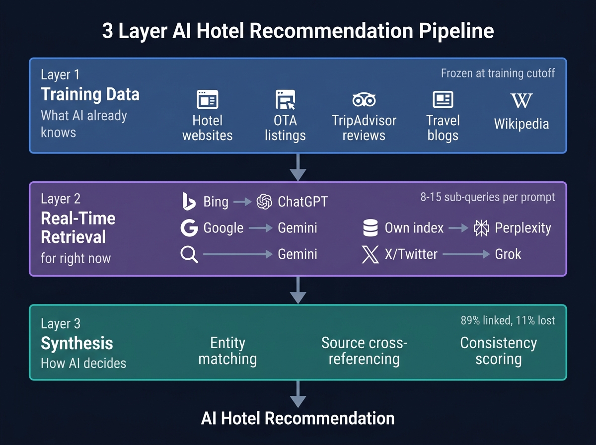 Three-layer AI hotel recommendation pipeline: training data, real-time retrieval via Bing/Google/own indexes, and synthesis with entity matching