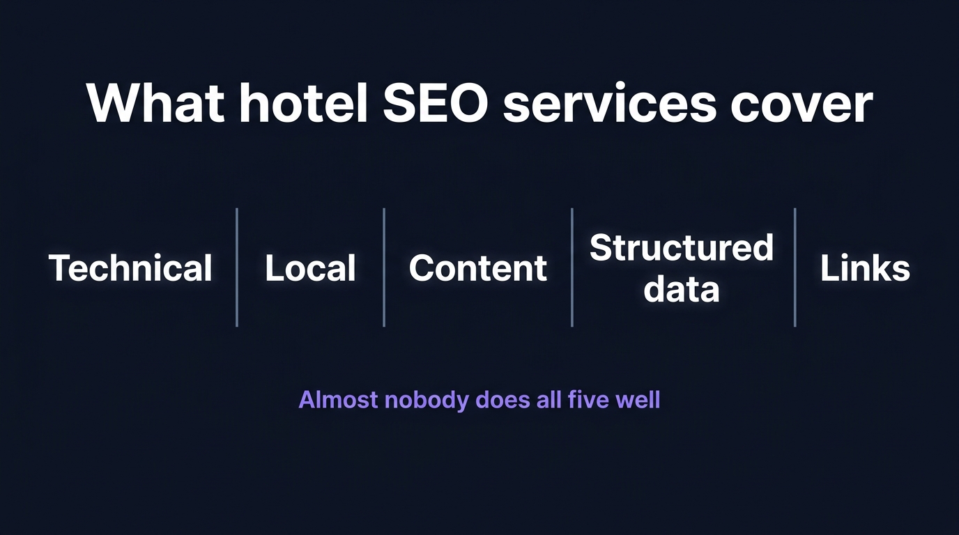 What hotel SEO services cover: technical, local, content, structured data and links