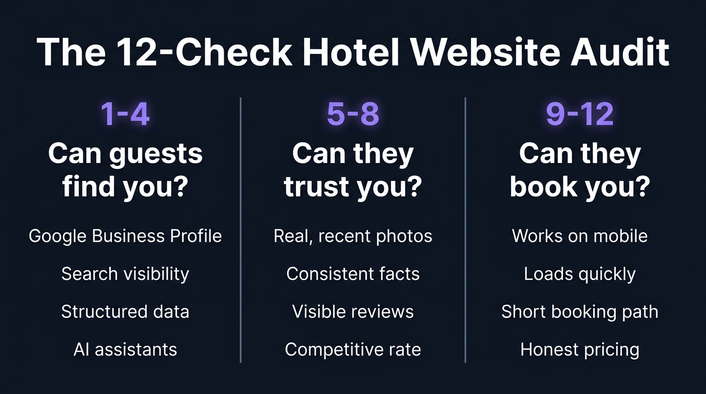 The twelve-check hotel website audit, grouped into find, trust and book
