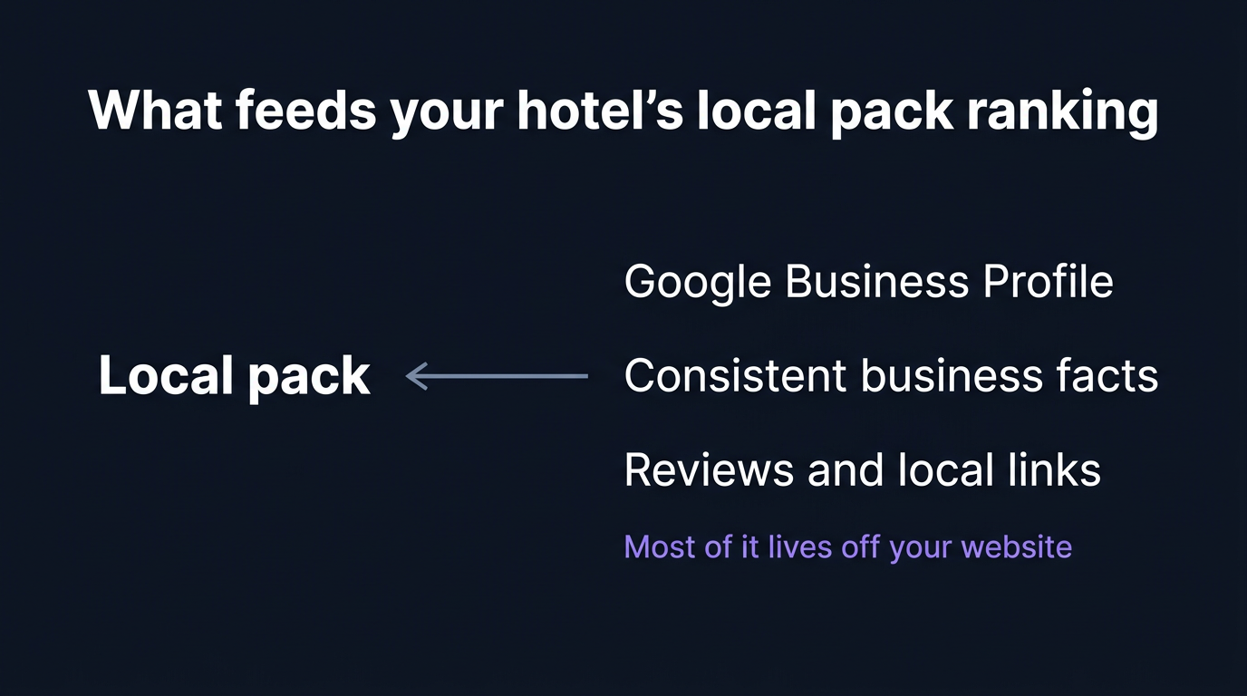 What feeds your hotel's local pack ranking: the profile, consistent business facts, reviews and local links